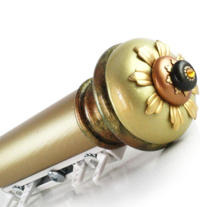 Traverse System  Hand Drawn 2" diameter smooth  rod with gold finish and Sunflower finial Light gold and Amber