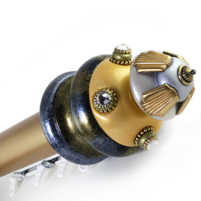 Traverse System  Hand Drawn 2" diameter smooth rod with gold finish and Jumbo finial Tut Light Gold, alabaster and light sapphire