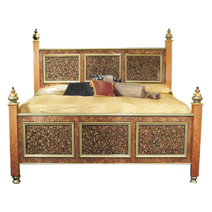 Casablanca Bed with painted panels in amber, agate and jade embellished with Grand Tiki Finials.