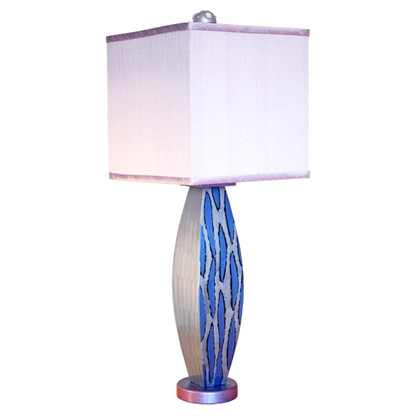 Blue Betty lamp  with square  shade in orchid silk has paint treatment in lapis and light sapphire blue