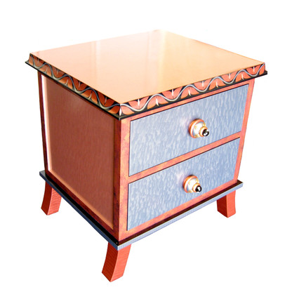 Rumba 2 end table night stand has light sapphire, coral and pale blush paint finish.
