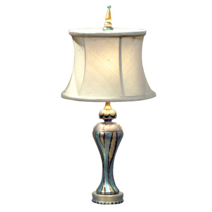 Misty Lamp with drum shade silk sea mist in deep opal and aqua paint finish.