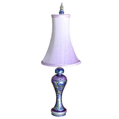Petunia Lamp with bell shade in silk orchid and  lapis blue, periwinkle and citrine green paint finish