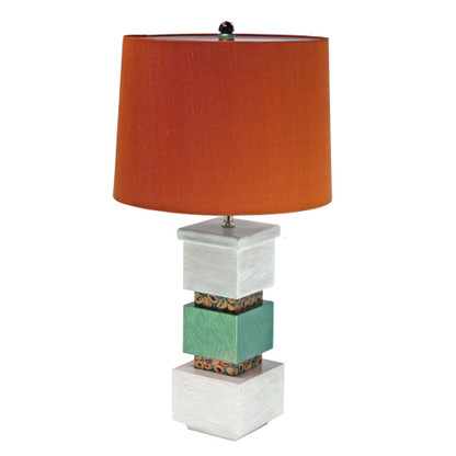 Cubee table lamp in emerald paint finish and pickled oak with hardback drum shade in silk copper