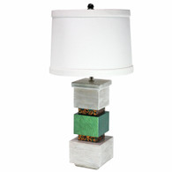 Cubee table lamp in emerald paint finish and pickled oak with hardback drum shade in white linen