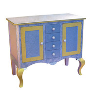 Bolero Compact Credenza in light sapphire blue and light gold paint finish has nu lily knobs 1.5 in' diameter.