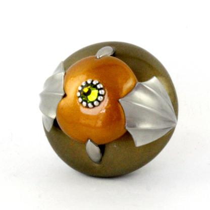 cleo knob bronze deep gold  2 in. diameter with silver metal details and olivine crystal
