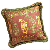 Casbah pillow with fringe trim is covered in a silk print in mocha and spruce green. 