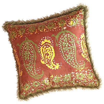 Casbah pillow mocha with eyelash rope trim is covered in hand dyed silk in gold and green paisley print.