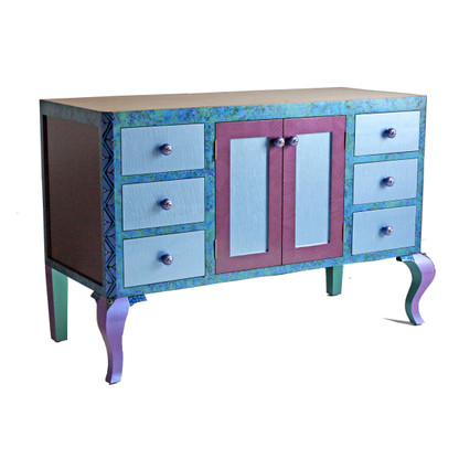 Charisma bathroom vanity 6 drawer sink cabinet in light sapphire blue, amethyst and periwinkle paint treatment
