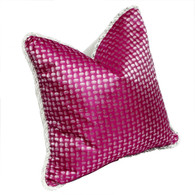 Chelsea pillow in silk print fuchsia with dot has twisted rope trim in white and silver 