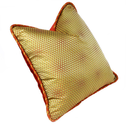 Milan pillow in olive and copper geometric print silk with twisted rope trim.