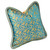 Java pillow is covered in silk print with golden paisleys on shimmering turquoise background.