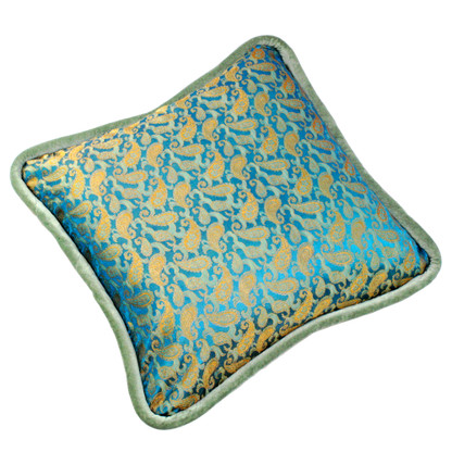 Java pillow is covered in an exotic silk print with shimmering shades of turquoise and aqua.