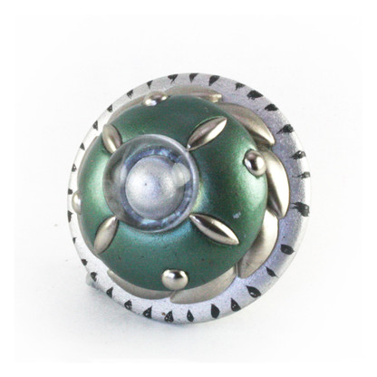 Poirot Emerald Knob 2.5 inches diameter with silver metal details and lucite cabochon.