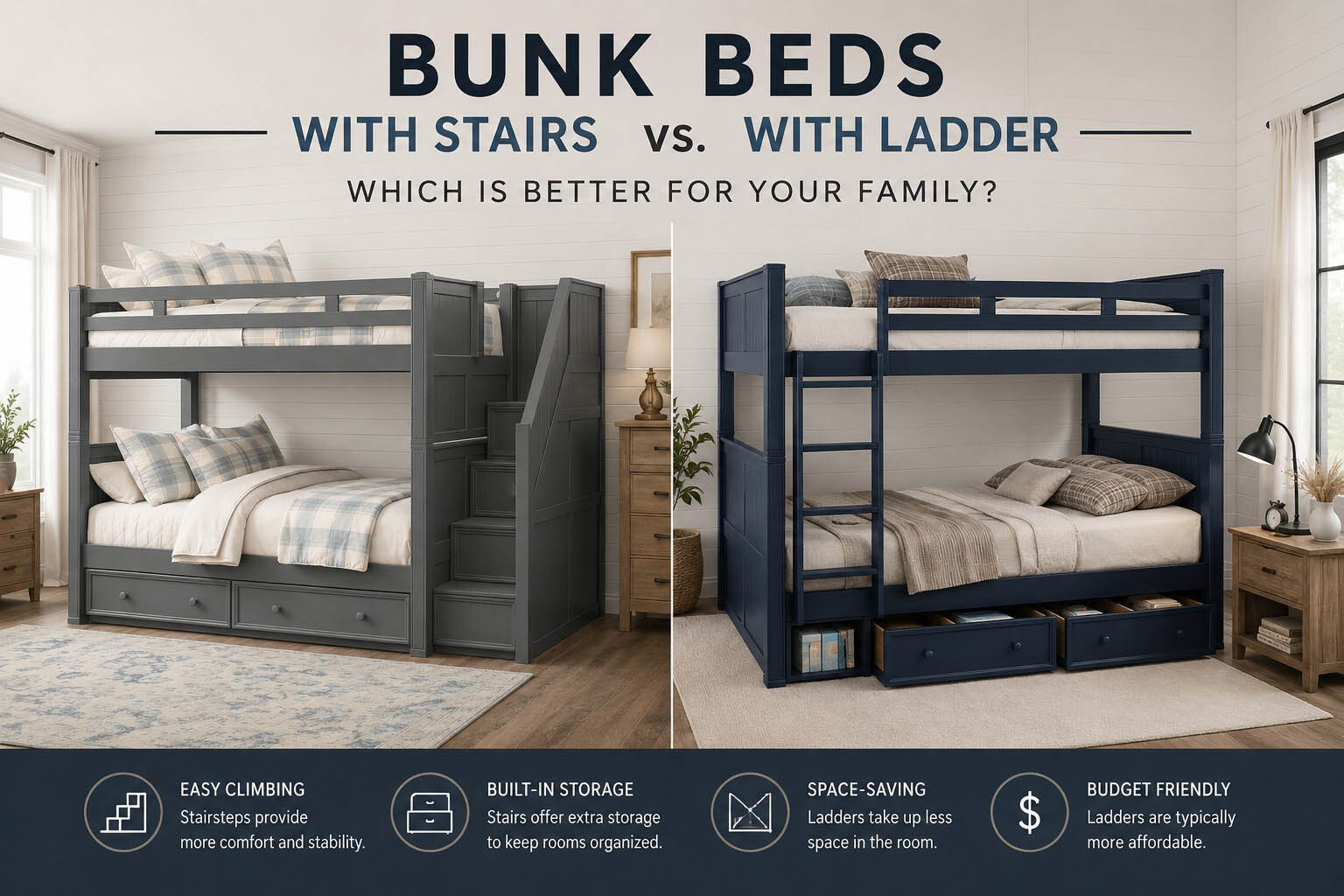 Dillon bunk beds, one shown with stairs, other shown with ladder