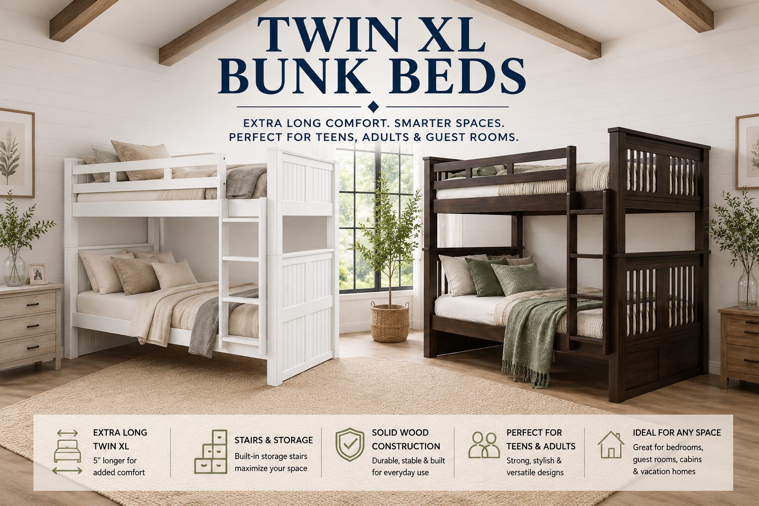 Solid wood Twin XL bunk beds for teens and adults