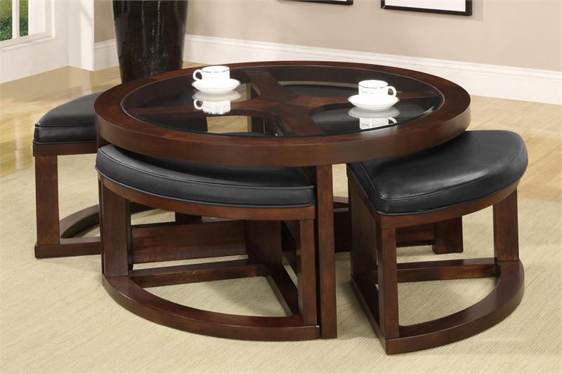 round coffee table with stools underneath
