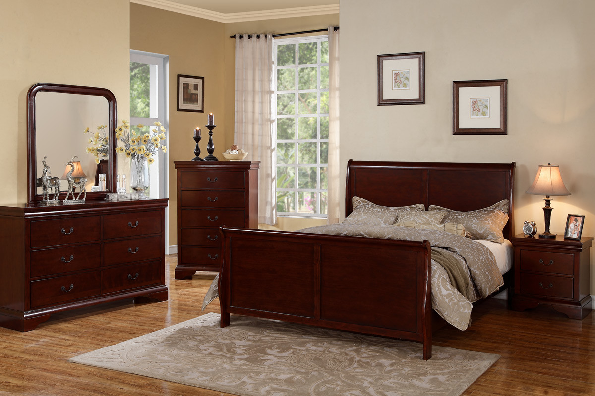 Louis Philippe Cherry Queen Sleigh Bed w/Dresser and Mirror Just Furniture