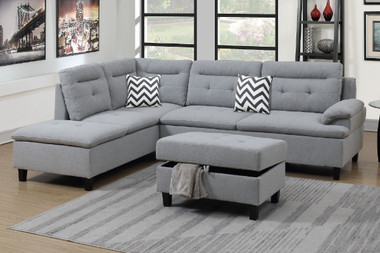 F6589 3-PCS Sectional Set w/Chaise and Ottoman in Gray Fabric