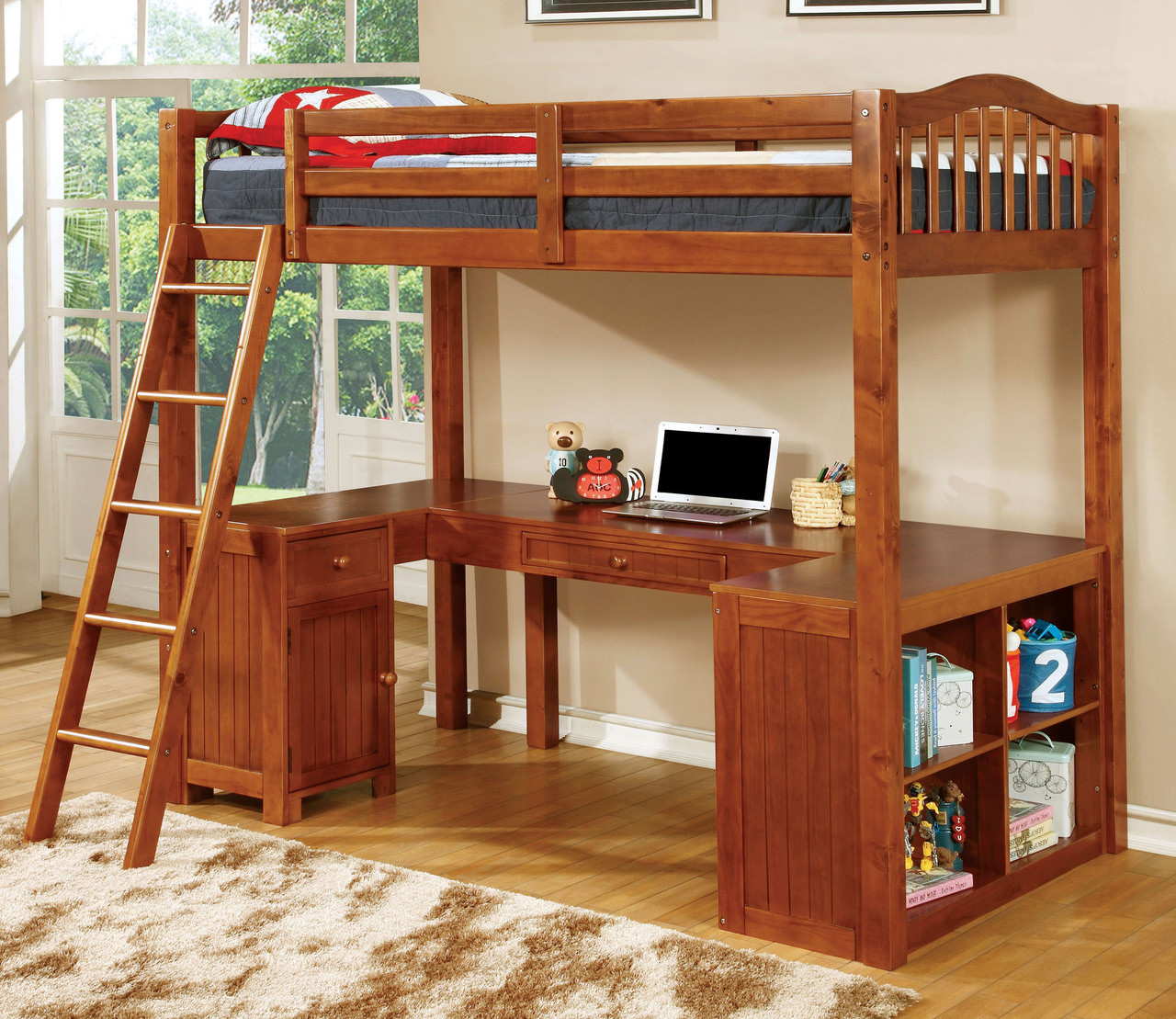 Oak Wood Twin Loft Bed With U Shaped Desk Below