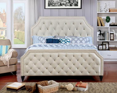 Furniture of America CM7675 Corner Cut Out Bed | Contemporary Style Platform Bed with Nail-head Trim