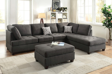 Poundex F6988 Fabric Sectional Sofa with Reversible Chaise | Ash Black Dorris 
