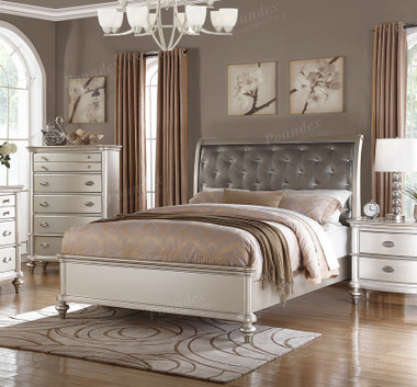 Poundex F9317 Platinum Silver Bed | PXF9317 Platinum Silver Bed with Textured Leather-Like Headboard