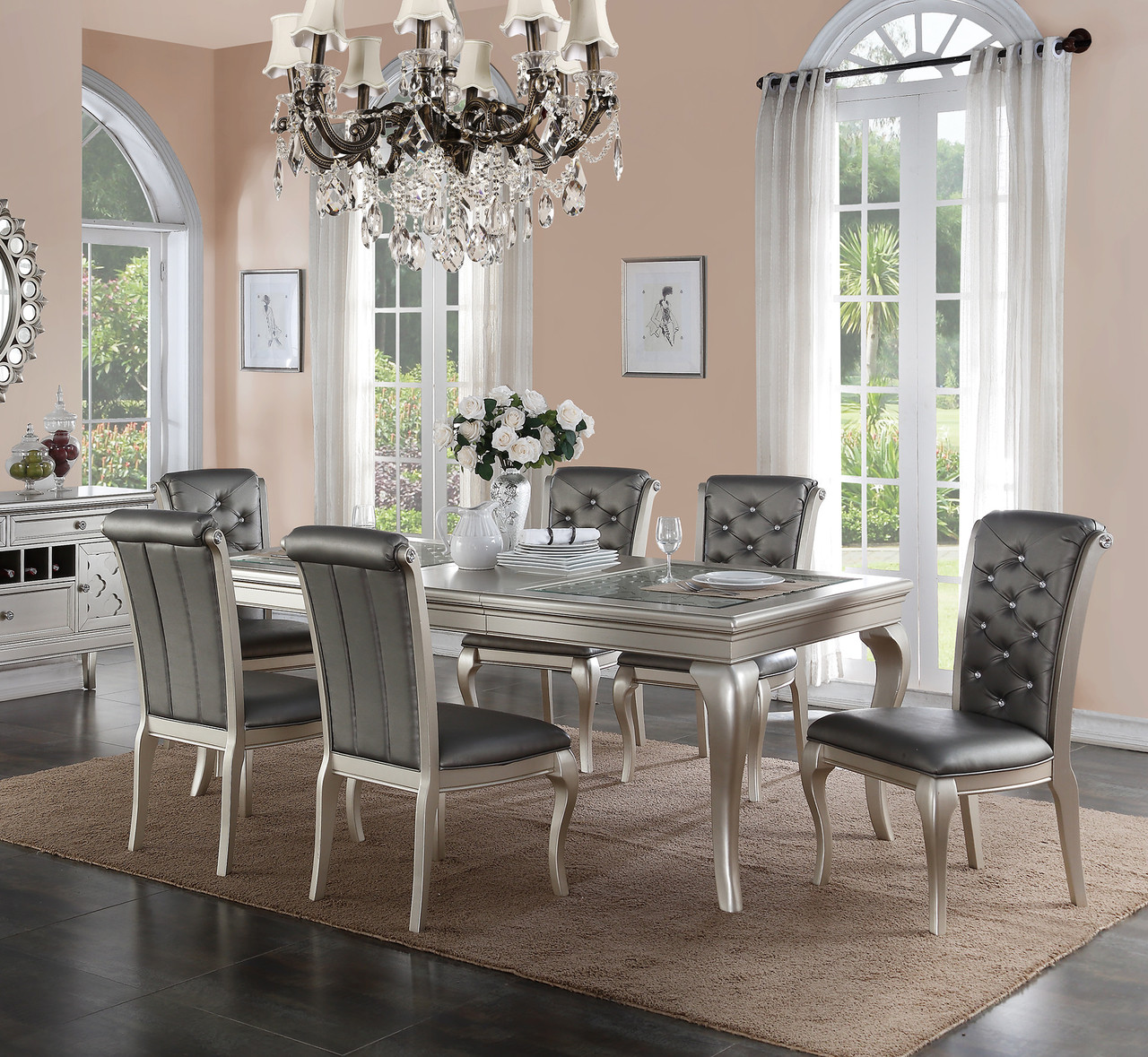 Poundex F Metallic Silver Dining Table With Glass Inserts And Fauxleather Chairs . Poundex F Metallic Silver Dining Set Orange County poundex f metallic silver dining table with glass inserts and fauxleather chairs . poundex f metallic silver dining set orange county