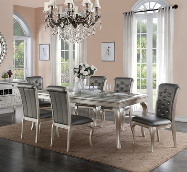 Poundex F2151 Metallic Silver Dining Table with Glass Inserts and Faux Leather Chairs
