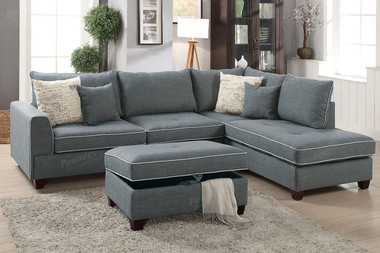 Morgan Bay F6542 3-PCS Reversible Chaise Sectional with Ottoman in Steel Color