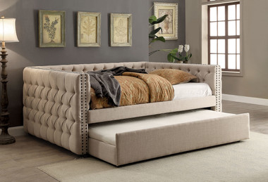 Suzanne Tuxedo Inspired Ivory Fabric bed | Shown with Optional Trundle