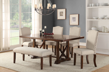 F2398 6 PCS Trestle Dining Table w/ Four Chairs and Bench