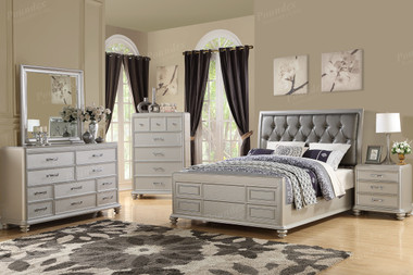 York F9357 4-PC Faux Leather Bed, Dresser, Mirror, Night Stand Bedroom Suite