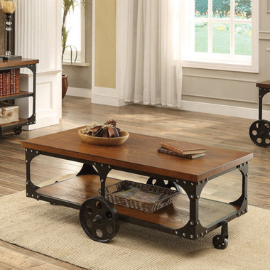 Rustic Brown Wood Cocktail Table with Storage and Wheels