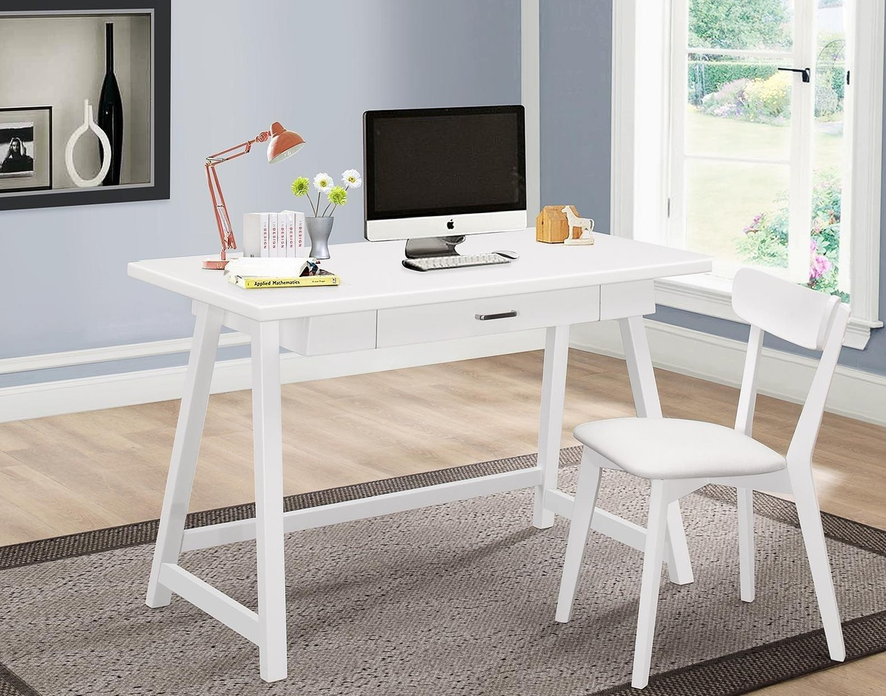 2 Pc Writing Desk With Chair White Black