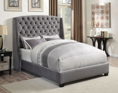 Arlene Gray Velvet Upholstered Demi Wing Bed with Tufting