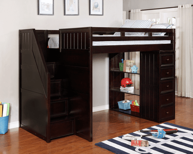 Lake View Full Loft Bed with Steps and Chest in Espresso