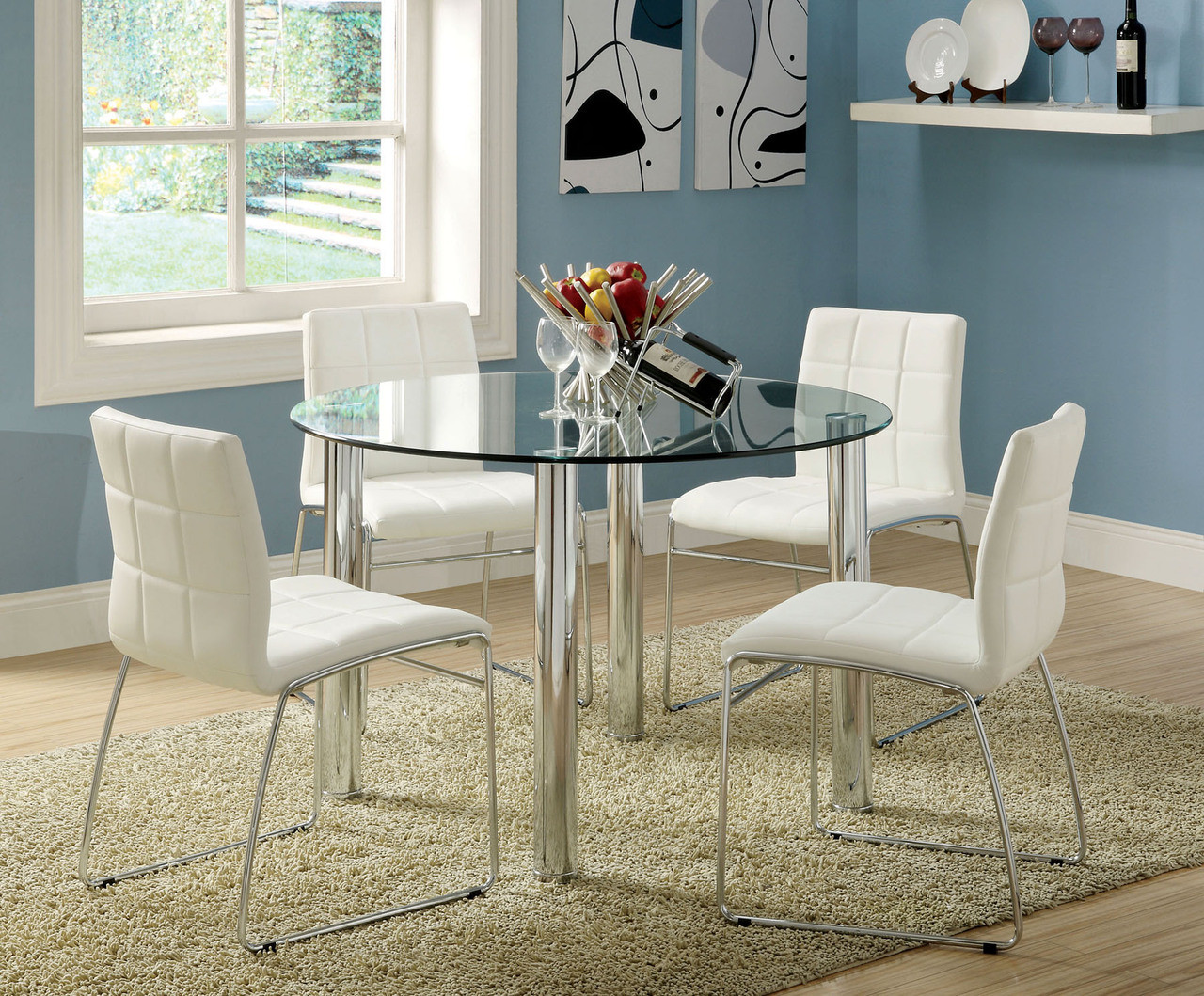 Adalia Round Glass Chrome Dining Table Set | 45" Round Glass Table