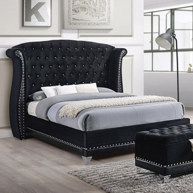 Barzini Black Velvet Upholstered Winged Bed in Queen and King