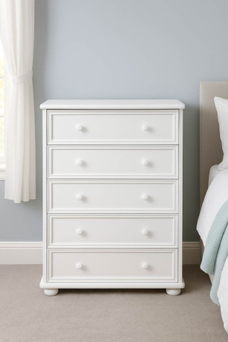 Dillon 5 drawer solid wood chest in white finish