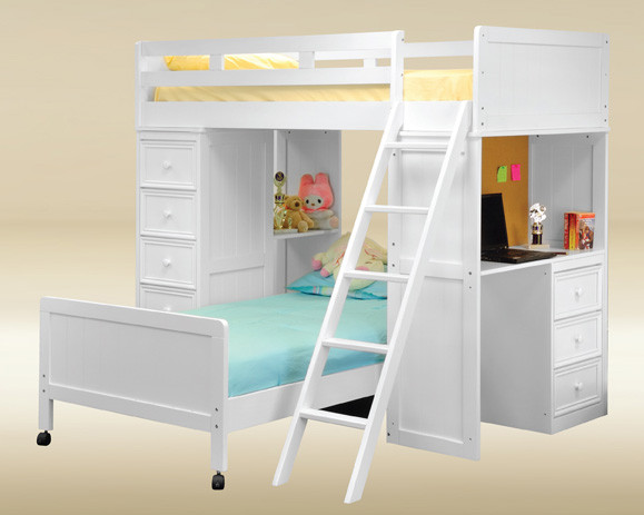 gray loft bed with desk
