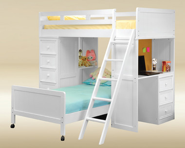 Gavin Twin Loft Bed with Desk and Chest in White Finish