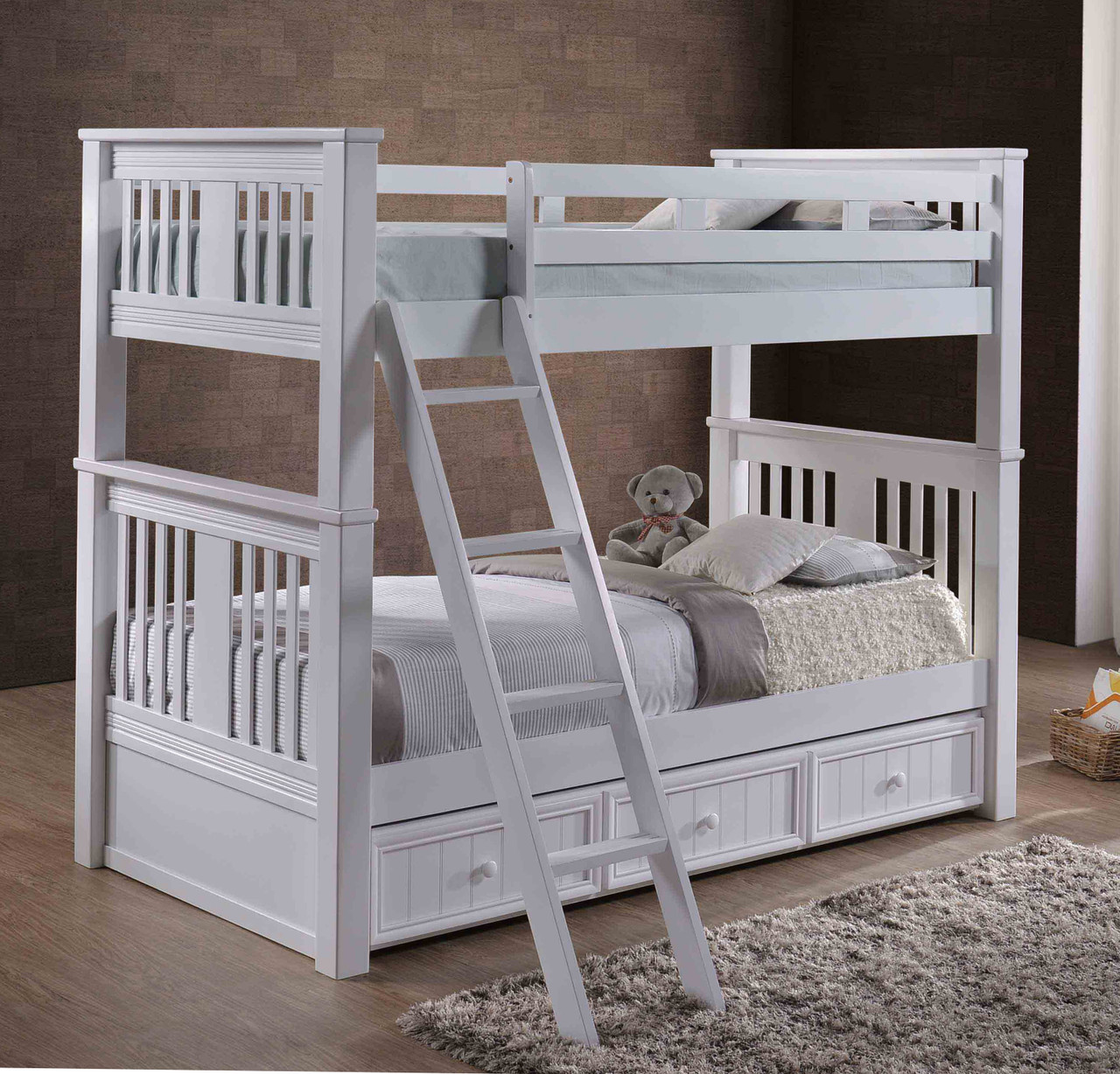 white wooden bunk beds with trundle
