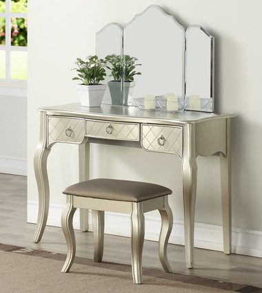 Poundex Alicia Makeup Table with Drawers and Tri-fold Mirror in Silver