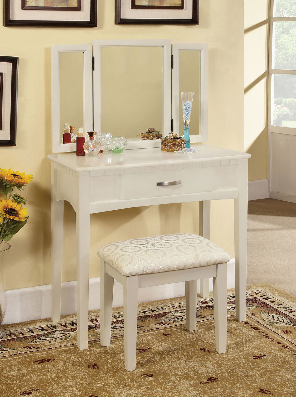 Ria Makeup Desk with Mirror & Bench in Espresso, White & Black