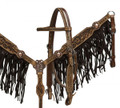 Showman Headstall Breast Collar Set Medium Leather with Black Suede Fringe 6015 - Western Tack