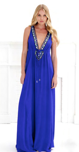Karina Grimaldi Skyler Silk Beaded Maxi Dress Cobalt
