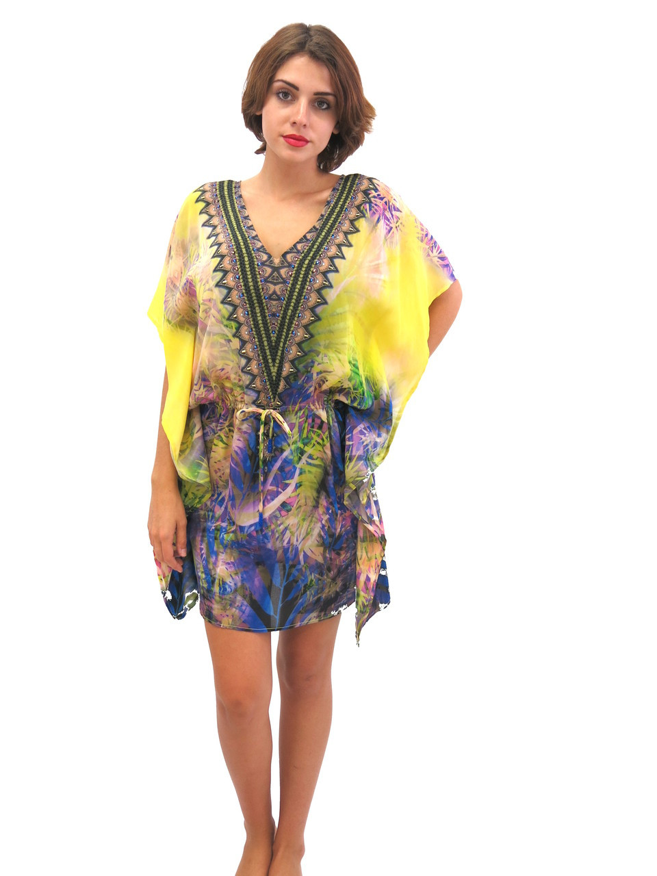 Parides Short Kimono Kaftan Tropical Palm Print Yellow Purple | Shop ...