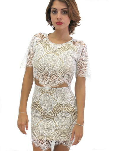 For Love and Lemons Grace Crop Short Sleeve Lace Top Off White